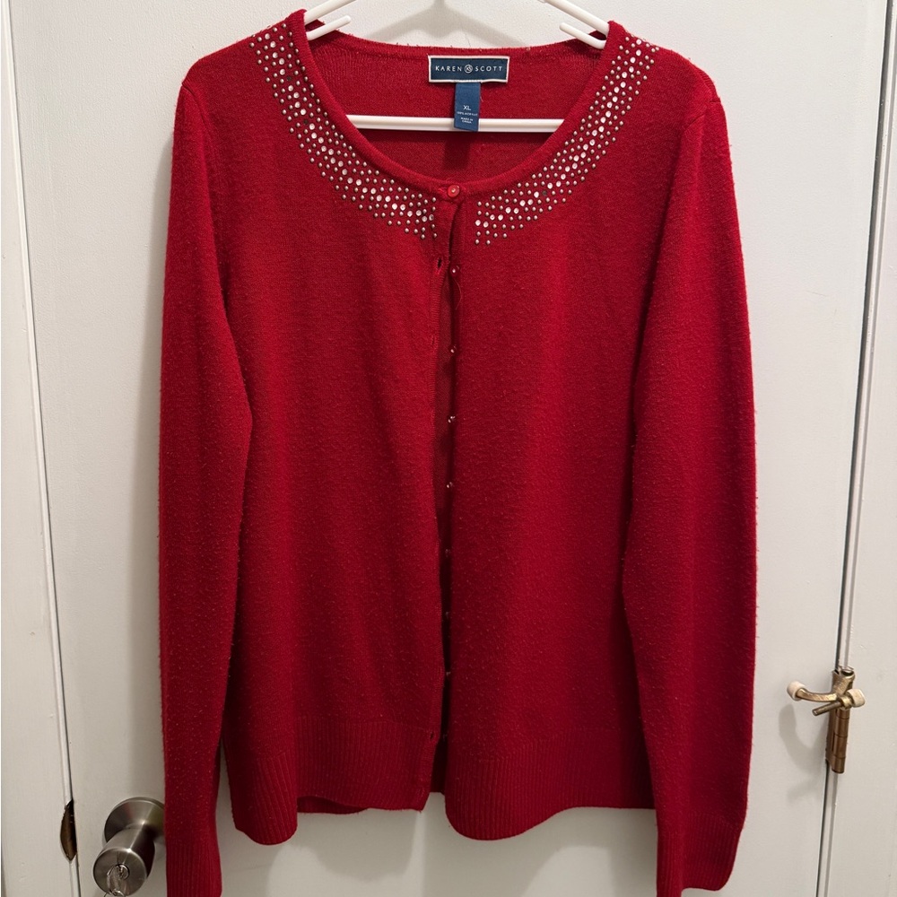 Karen & Scott Red Knit Cardigan with Embellished Neckline